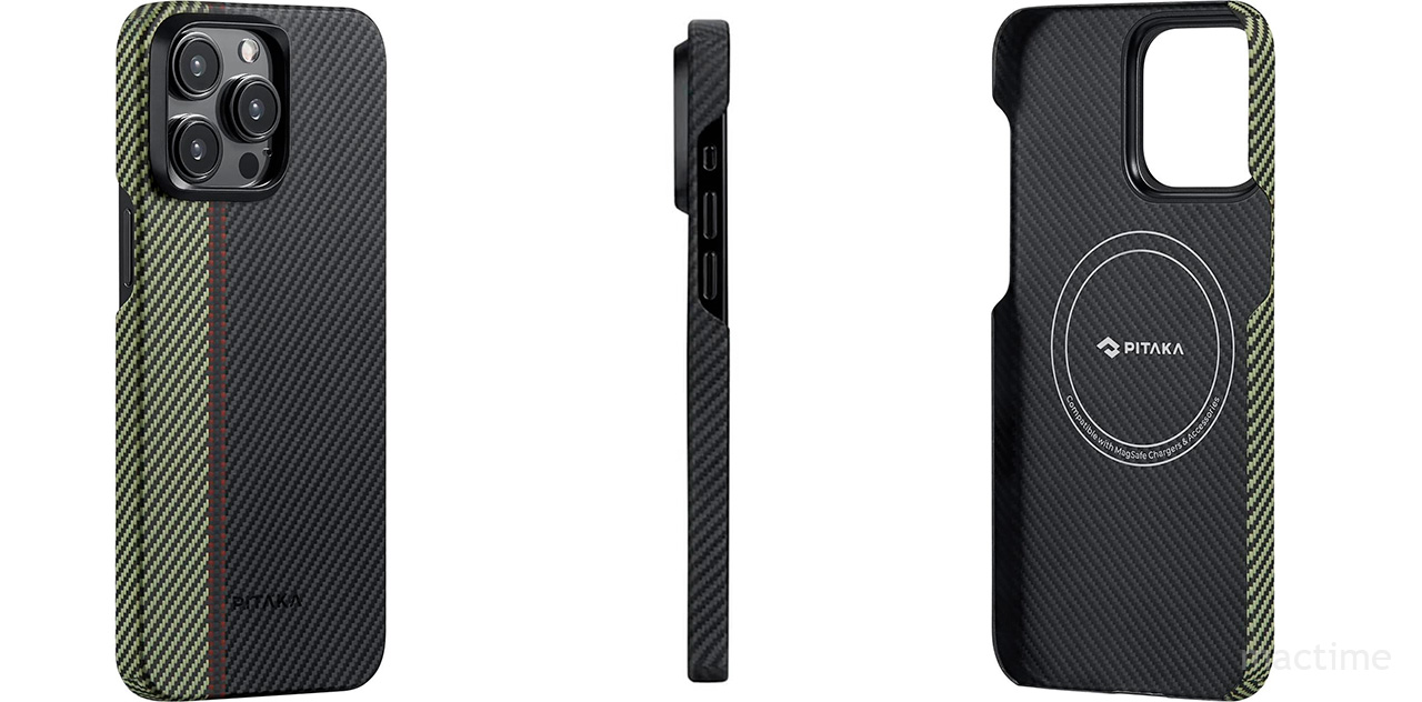 Чёрный чехол Pitaka Fusion Weaving MagEZ Case 4 для iPhone 15 Pro Max с зелёными элементами